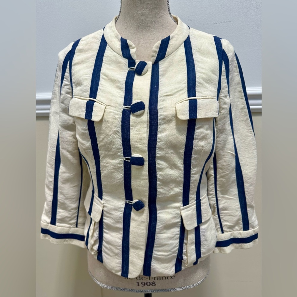 Tocca Vintage Linen Blazer/Jacket 8 Mandarin Collar Blue White Stripe Rare Y2K